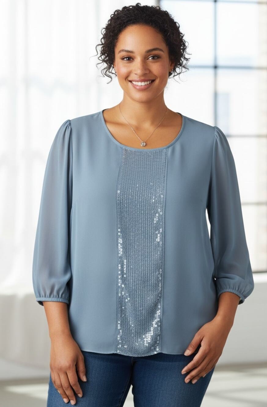 Talbots Women 20W Petite Dusty Blue Sequin Panel Chiffon Dressy Blouse